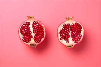 Top view of halved pommegranate fruit on pink background. KI generiert, generiert AI generated