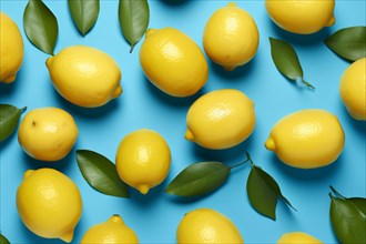 Top view of lemon fruits on blue background. KI generiert, generiert AI generated