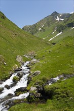 A torrent meanders through green hills and rocky landscapes, Capra River, mountain road,