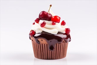 Cupcake with cherry fruits, frosting and chocolate sauce. KI generiert, generiert AI generated