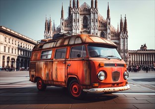 An orange retro vintage classic camper van parked in Milan Duomo urban square with historic