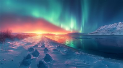 A radiant aurora borealis over a snowy landscape with a striking sunset on the horizon, AI