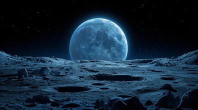 Full moon rising above a barren lunar landscape under a starry sky, AI generated