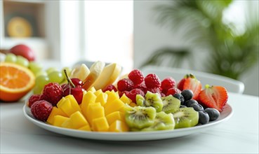 Plate with fresh fruits on table in room. Healthy eating concept AI generated