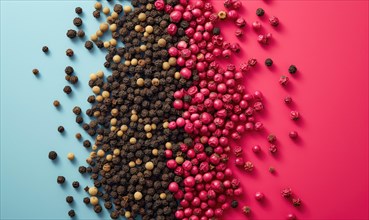 Pink and black peppercorns on a blue and pink background AI generated