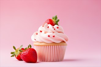 Single cupcake with frosting and strawberry fruits. KI generiert, generiert AI generated