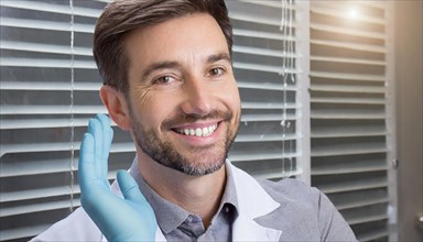 A friendly dentist in his practice, 35, portrait, attractive, attractive, friendly, friendly,