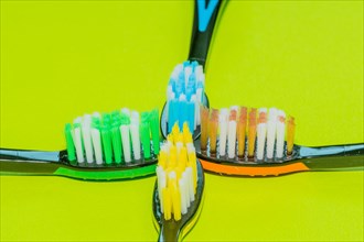 Closeup of four toothbrushes in orange, yellow, green and blue on a green background