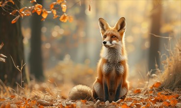 Red fox in the autumn forest. Beautiful wild animal in nature AI generated