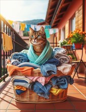 A real cat sits cozily among towels in a laundry basket on a balcony, AI generated