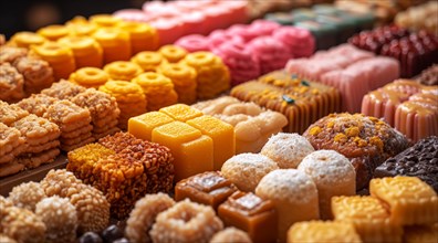 Colorful array of assorted Indian sweets displayed neatly in a market, AI generated