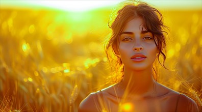 Peaceful young woman amidst a golden wheat field with sunlight bathing her face, AI generated