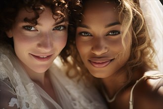 Young beautiful lesbian interracial couple in wedding clothes. KI generiert, generiert AI generated