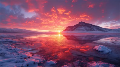 Purple and red sunset over a tranquil icy landscape with snow, ai generated, AI generated