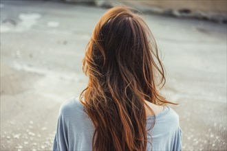 Young woman with red hair looking at the street, symbolic image for depression and abuse, AI