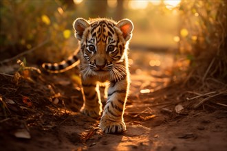 Baby tiger cub walking in jungle forest with confidence during the golden hour, AI generated