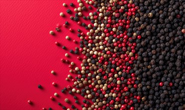 Top view of pink and black pepper peppercorns on pink background AI generated