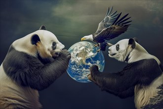 Two pandas and a bald eagle fighting over a globe, symbolising the cultural, ideological and
