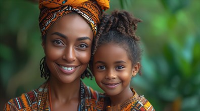 A mother and young daughter in matching African print clothing share a close and happy moment