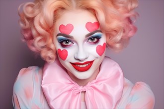 Woman with pastel colored clown costume with heart makeup. KI generiert, generiert AI generated