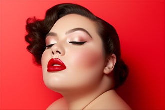 Face of curvy plus size woman with glamourous makeup with red lipstick. KI generiert, generiert AI