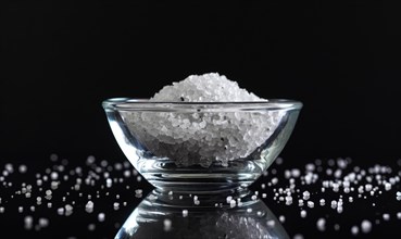 Salt in a glass bowl on black background. Shallow depth of field AI generated