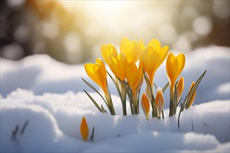 Yellow tulip crocus flowers in snow. KI generiert, generiert AI generated