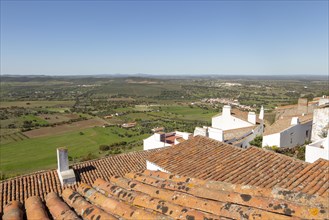 Historic walled hilltop village of Monsaraz, Alto Alentejo, Portugal, southern Europe view over