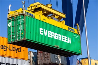 An Evergreen Line container is loaded in the port of Mannheim, Germany. Supply bottlenecks and a