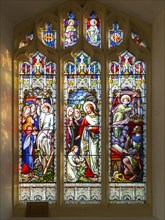Stained glass window c 1878 by H Hughes, Wickham Market church, Suffolk, England, UK