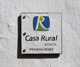 Ceramic sign for Casa Rural Basica tourist accommodation, Frigiliana, Axarquia, Andalusia, Spain,