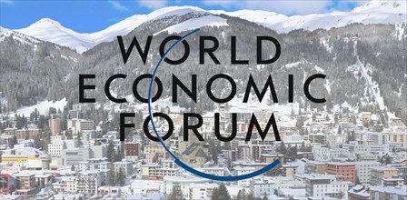 Logo of the WEF (World Economic Forum), in the background Davos (Composing)
