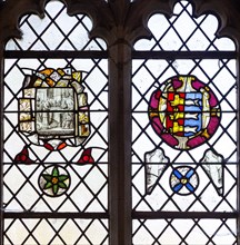 Stained glass window Eyke church, Suffolk, England, UK, Saint Bridget, Great Yarmouth coat of arms,