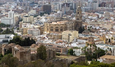 Cityscape view go high density buildings in city centre of Malaga, Spain including the cathedral