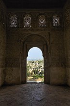 Palacio de Generalife, view through window, door with round arch, Mirador del Patio de la Acequia,