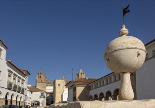 Fountain in the Largo das Portas de Moura with a view to the cathedral and surrounding historic