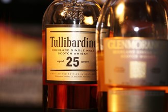 Close-up of a bottle of Tullibardine Single Malt 25 Years whiskey