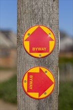 Macro close up of Byway signs on fencepost, Sutton, Suffolk, UK