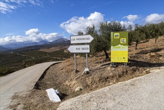 Road signs to Rio Seco and Las Provincias in olive trees near Zalia, Alcaucin, La Axarquia,