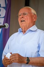 Oskar Lafontaine speaks at the peace demonstration in front of Ramstein Air Base against war and