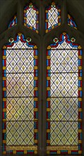 Victorian 19th century decorative patterned stained glass window, Alpheton church, Suffolk,