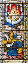 Stained glass window East Bergholt church, Suffolk, England, UK, biblical scenes c 1865 by Lavers,