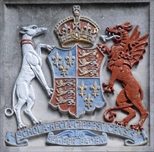 Coat of Arms and Latin motto inscription of Ipswich Boys School, Ipswich, Suffolk, England, UK