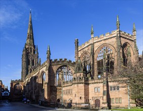 Ruins of church of Saint Michael, Coventry cathedral, West Midlands, England, UK bomb damage from