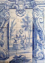 Blue and white azulejo tiles pictures related to geometry and mathematics, University of Evora,