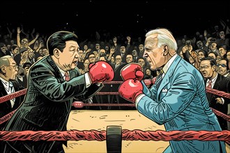 Caricatured depiction of a boxing match between Xi Jinping and Joe Biden in front of an excited