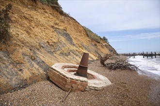 Coastal erosion soft crumbling cliffs on North Sea coast at Bawdsey, Suffolk, England, UK