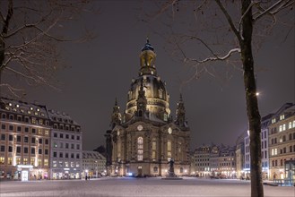 The old town centre of Dresden with its historic buildings. Neumarkt with Church of Our Lady,