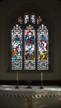 Raising of Lazarus, Ascension, Raising of daughter of Jairus depicted in stained glass window by