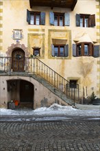 Staircase, window, historic house, sgraffito, facade decorations, Ardez, Engadin, Graubuenden,